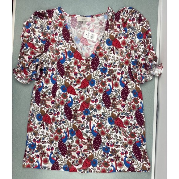 WOMEN LOFT Peacock Ruffle Cinched Sleeve V-Neck Top M - Picture 6 of 15